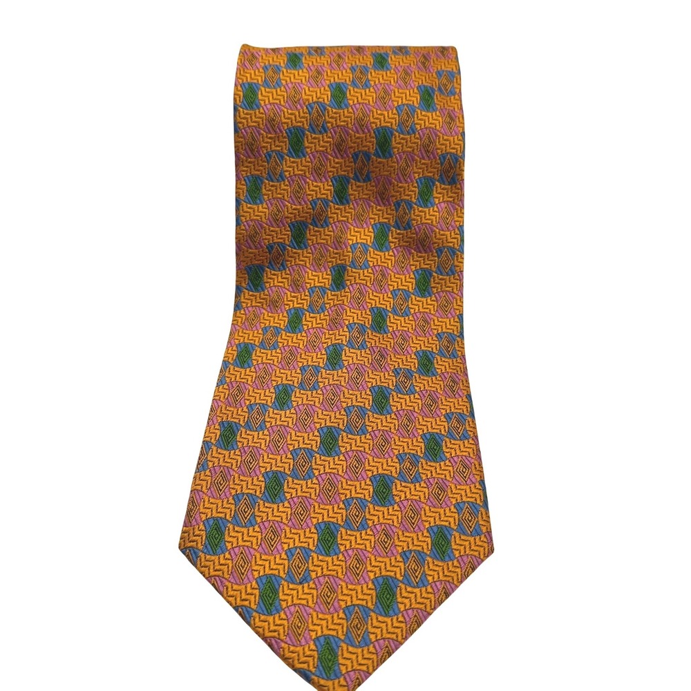 Vintage Valentino Rudy Italy Mens Silk Tie Orange Blue Geometric Diamond Pattern
